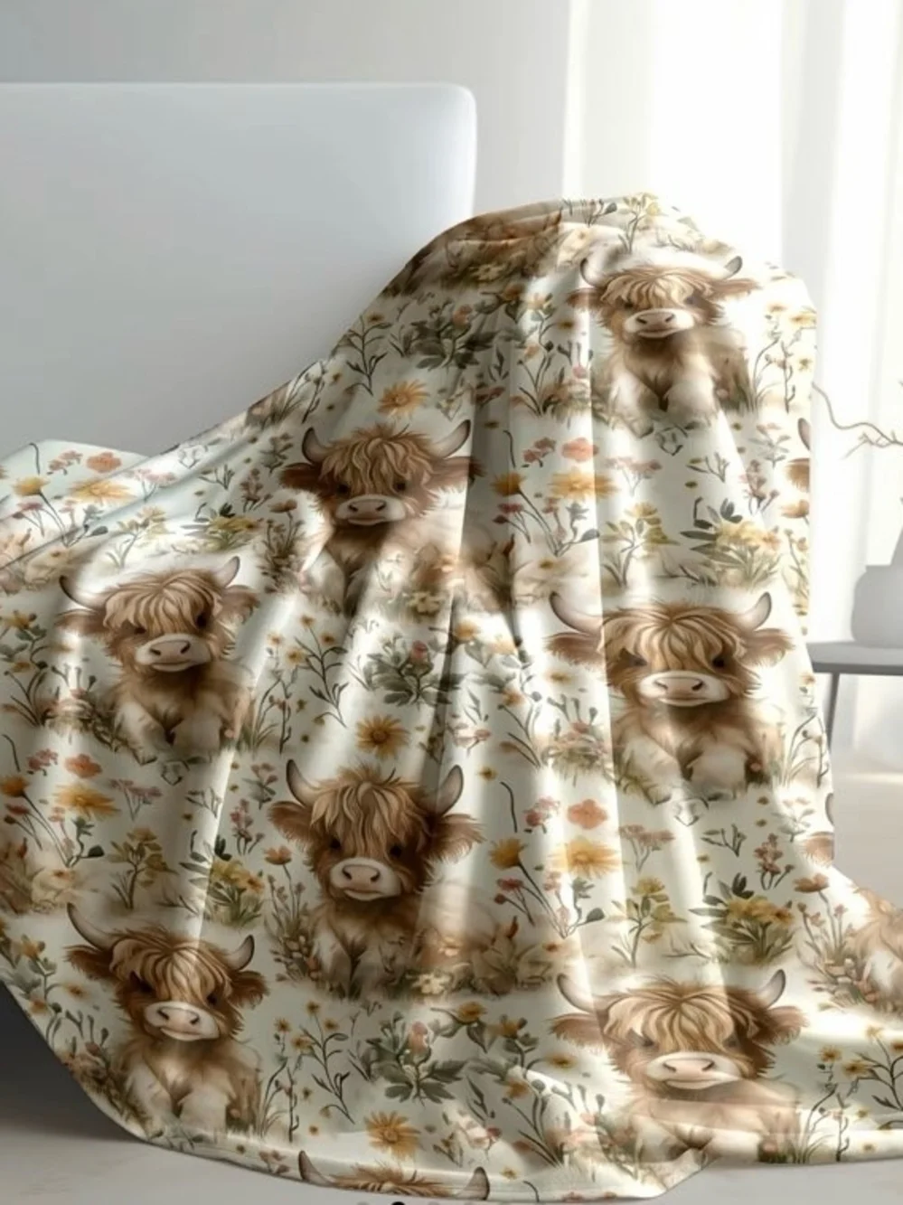 Plush Highland Cow & Wildflower Throw Blanket - Cream, Brown, Green